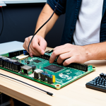A professional hardware developer, fully clothed in modest professional attire, deeply focused while meticulously assembling an open-source hardware project on a clean, well-lit workbench. Visible components include a Raspberry Pi board, breadboard, wires, and small electronic parts. The lighting is bright and even, highlighting the intricate details of the setup. Professional photography, high resolution, perfect anatomy, correct proportions, natural pose, well-formed hands, proper finger count, natural body proportions, safe for work, appropriate content, professional.