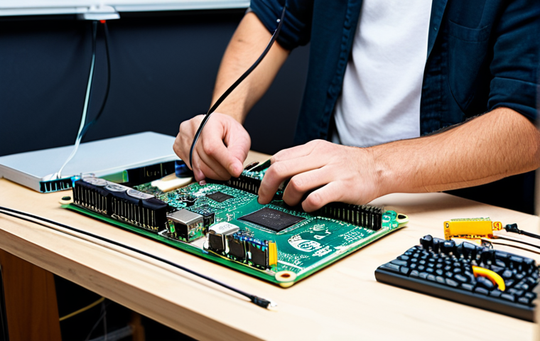 A professional hardware developer, fully clothed in modest professional attire, deeply focused while meticulously assembling an open-source hardware project on a clean, well-lit workbench. Visible components include a Raspberry Pi board, breadboard, wires, and small electronic parts. The lighting is bright and even, highlighting the intricate details of the setup. Professional photography, high resolution, perfect anatomy, correct proportions, natural pose, well-formed hands, proper finger count, natural body proportions, safe for work, appropriate content, professional.