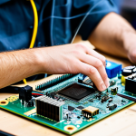 A focused engineer, fully clothed in a professional, modest work shirt and trousers, meticulously assembling a small circuit board on a clean workbench. Various open-source hardware components like Raspberry Pi boards, wires, and a soldering iron are neatly arranged around them. The background features a blurred modern makerspace with other individuals collaborating respectfully in the distance, indicating a vibrant community. The lighting is bright and even, highlighting the intricate details of the electronics. The pose is natural and engaged. Perfect anatomy, correct proportions, well-formed hands, proper finger count, natural body proportions. Safe for work, appropriate content, family-friendly, high-quality, professional photography.