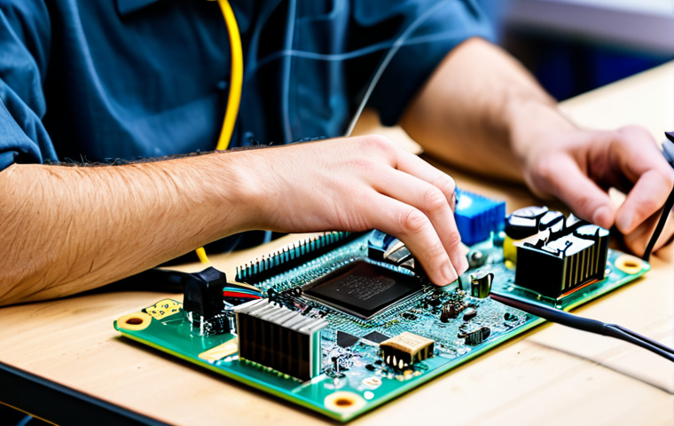 A focused engineer, fully clothed in a professional, modest work shirt and trousers, meticulously assembling a small circuit board on a clean workbench. Various open-source hardware components like Raspberry Pi boards, wires, and a soldering iron are neatly arranged around them. The background features a blurred modern makerspace with other individuals collaborating respectfully in the distance, indicating a vibrant community. The lighting is bright and even, highlighting the intricate details of the electronics. The pose is natural and engaged. Perfect anatomy, correct proportions, well-formed hands, proper finger count, natural body proportions. Safe for work, appropriate content, family-friendly, high-quality, professional photography.