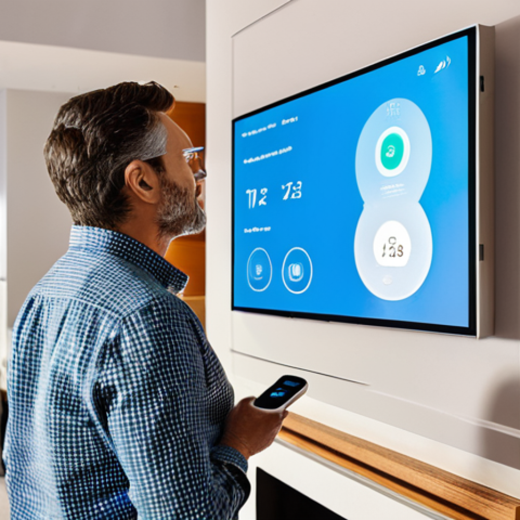 Smart Home Automation**
"A bright, modern living room with integrated smart home technology, featuring automated lighting adjusting to warm tones, a self-regulating thermostat, and a digital display showing real-time air quality data. A fully clothed individual is comfortably interacting with a voice assistant device. The scene showcases a seamless blend of technology and comfort, appropriate attire, safe for work, perfect anatomy, natural proportions, professional photography, high quality, family-friendly."
**
