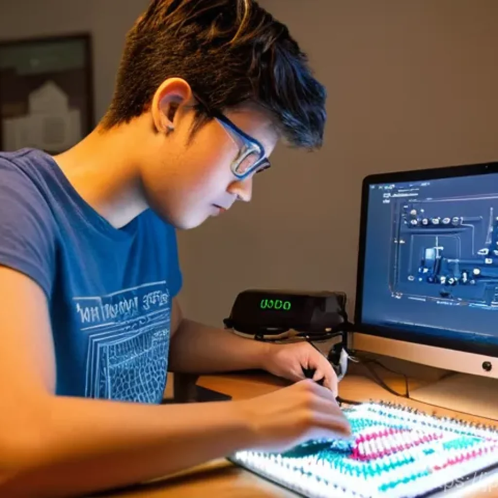 오픈소스 하드웨어의 모바일 애플리케이션 개발 - **Prompt:** "A brightly lit, modern desk setup in a cozy home office, where a young adult (20s, gend...
