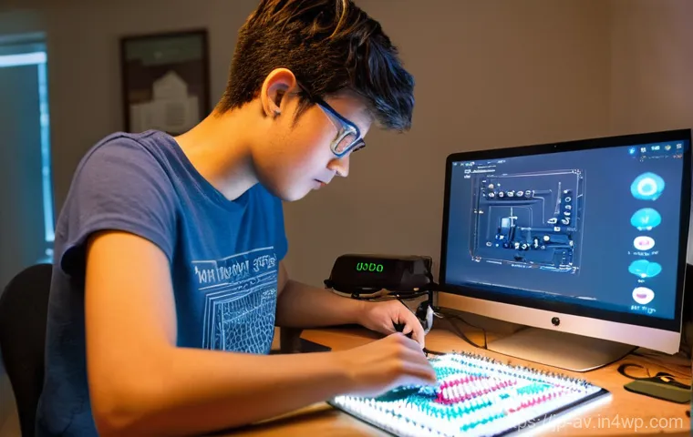 오픈소스 하드웨어의 모바일 애플리케이션 개발 - **Prompt:** "A brightly lit, modern desk setup in a cozy home office, where a young adult (20s, gend...