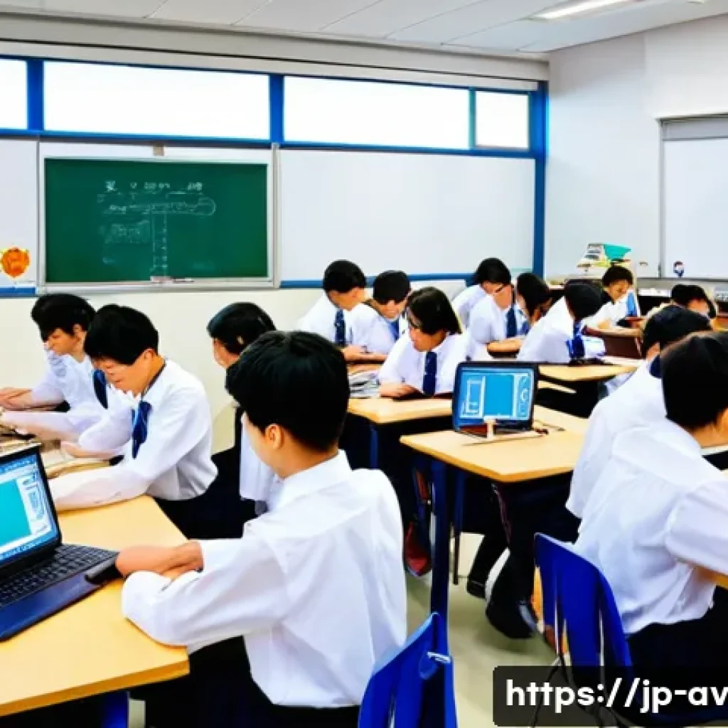 오픈소스 하드웨어에 대한 전문가 인터뷰 - A detailed scene of a modern Japanese classroom where high school students are actively engaged in a...