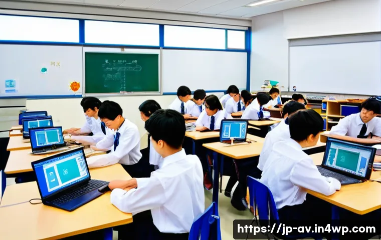 오픈소스 하드웨어에 대한 전문가 인터뷰 - A detailed scene of a modern Japanese classroom where high school students are actively engaged in a...