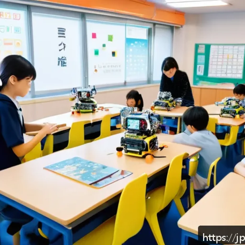 오픈소스 하드웨어의 커스터마이징 장점 - A modern classroom scene in Japan where elementary school children wearing casual clothes and diaper...