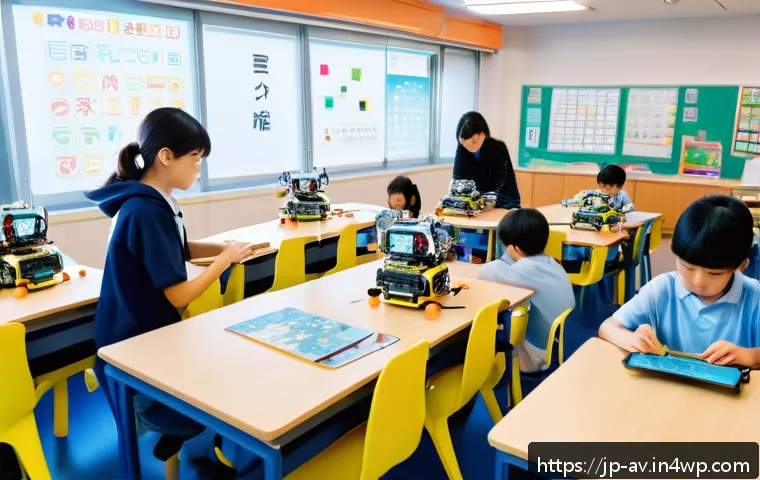 오픈소스 하드웨어의 커스터마이징 장점 - A modern classroom scene in Japan where elementary school children wearing casual clothes and diaper...