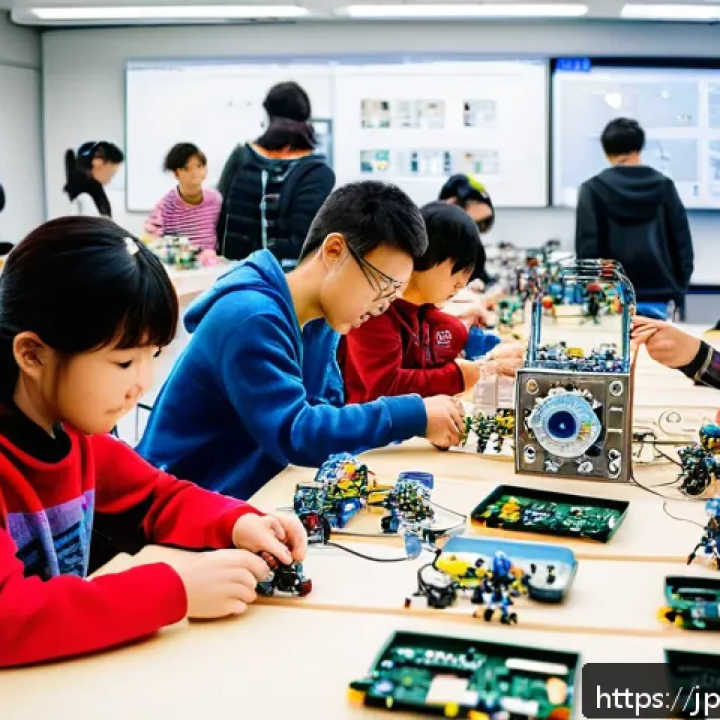 오픈소스 하드웨어와 로봇 기술의 발전 - A modern open-source robot workshop scene in Japan, featuring diverse Japanese adults and children a...