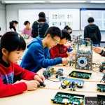 오픈소스 하드웨어와 로봇 기술의 발전 - A modern open-source robot workshop scene in Japan, featuring diverse Japanese adults and children a...