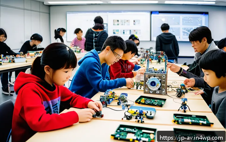 오픈소스 하드웨어와 로봇 기술의 발전 - A modern open-source robot workshop scene in Japan, featuring diverse Japanese adults and children a...