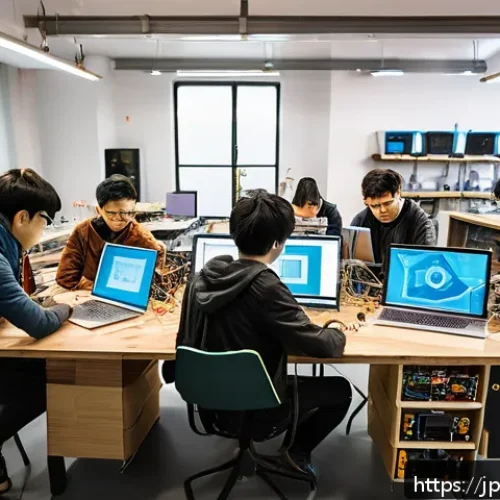 오픈소스 하드웨어와 협업 툴 활용하기 - A vibrant modern makerspace filled with diverse creators collaborating on open-source hardware proje...