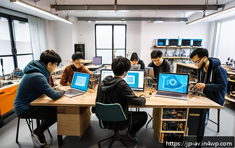 오픈소스 하드웨어와 협업 툴 활용하기 - A vibrant modern makerspace filled with diverse creators collaborating on open-source hardware proje...