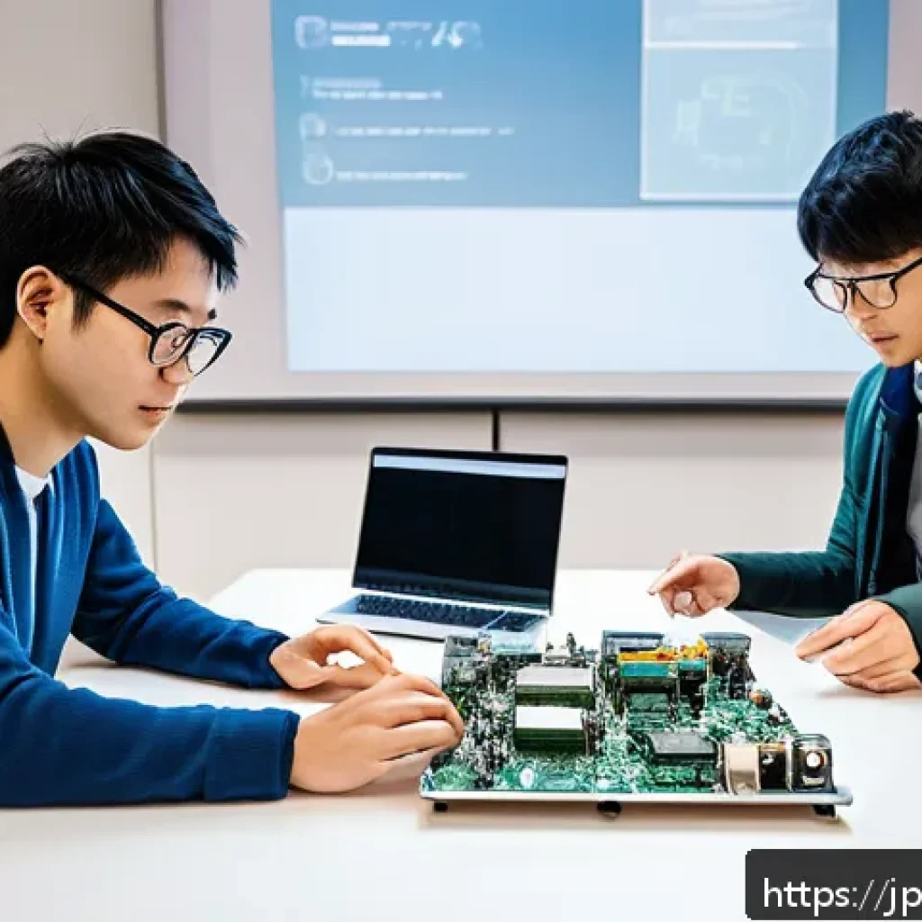 오픈소스 하드웨어의 상업적 활용 가능성 - A modern startup office scene in Japan with diverse young engineers collaborating around an open-sou...