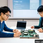 오픈소스 하드웨어의 상업적 활용 가능성 - A modern startup office scene in Japan with diverse young engineers collaborating around an open-sou...