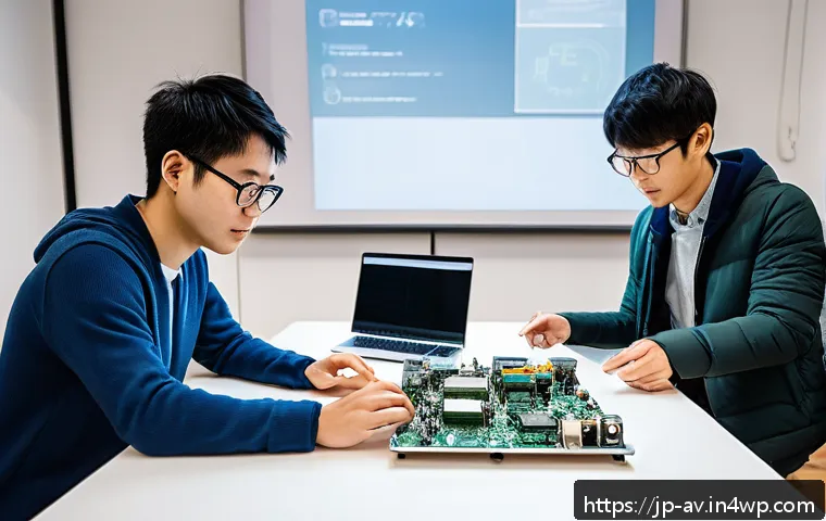 오픈소스 하드웨어의 상업적 활용 가능성 - A modern startup office scene in Japan with diverse young engineers collaborating around an open-sou...